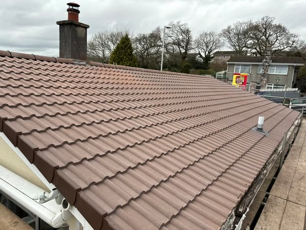 A brown-tiled roof with a chimney and a white vent. The roof overlooks a residential neighborhood with trees and houses in the background under a cloudy sky. A construction sign is visible near a house.