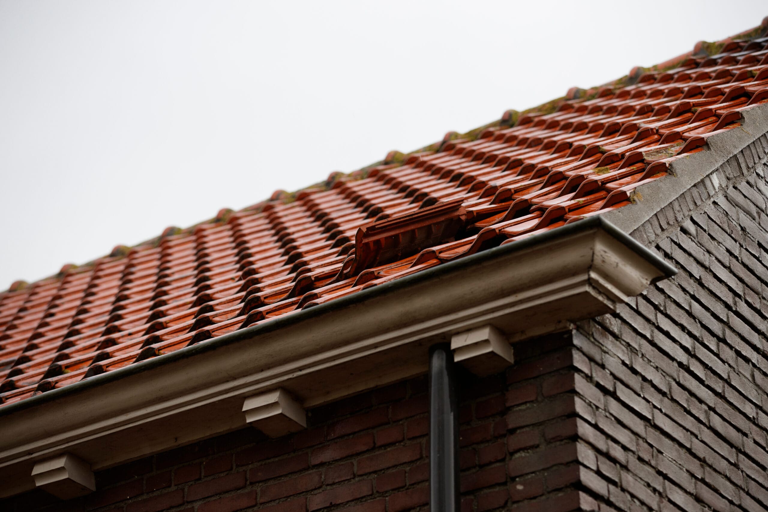 Close-up of a rooftop with red clay tiles, some of which are slightly displaced. The roof edges have white wooden detailing, and a rain gutter is seen alongside a brick wall under an overcast sky.
