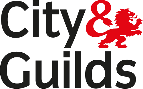 The image displays the City & Guilds logo, featuring the words "City & Guilds" in black text. A red ampersand accompanies a red lion on the right.