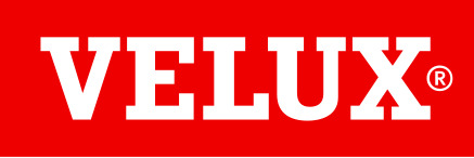 The image displays the word "VELUX" in bold white letters on a red background. A registered trademark symbol is next to the word.