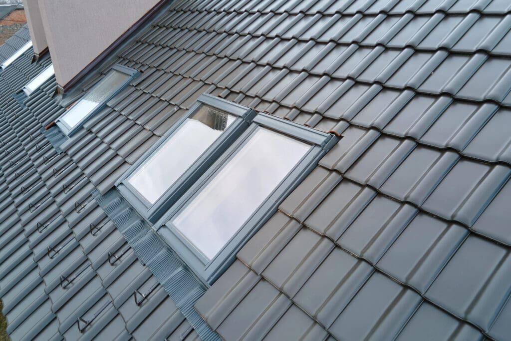 A sloped roof covered with gray tiles featuring multiple skylights. The skylights are reflecting the sky, and the roof's texture and pattern are visible. The perspective emphasizes the angle of the roof and arrangement of the windows.